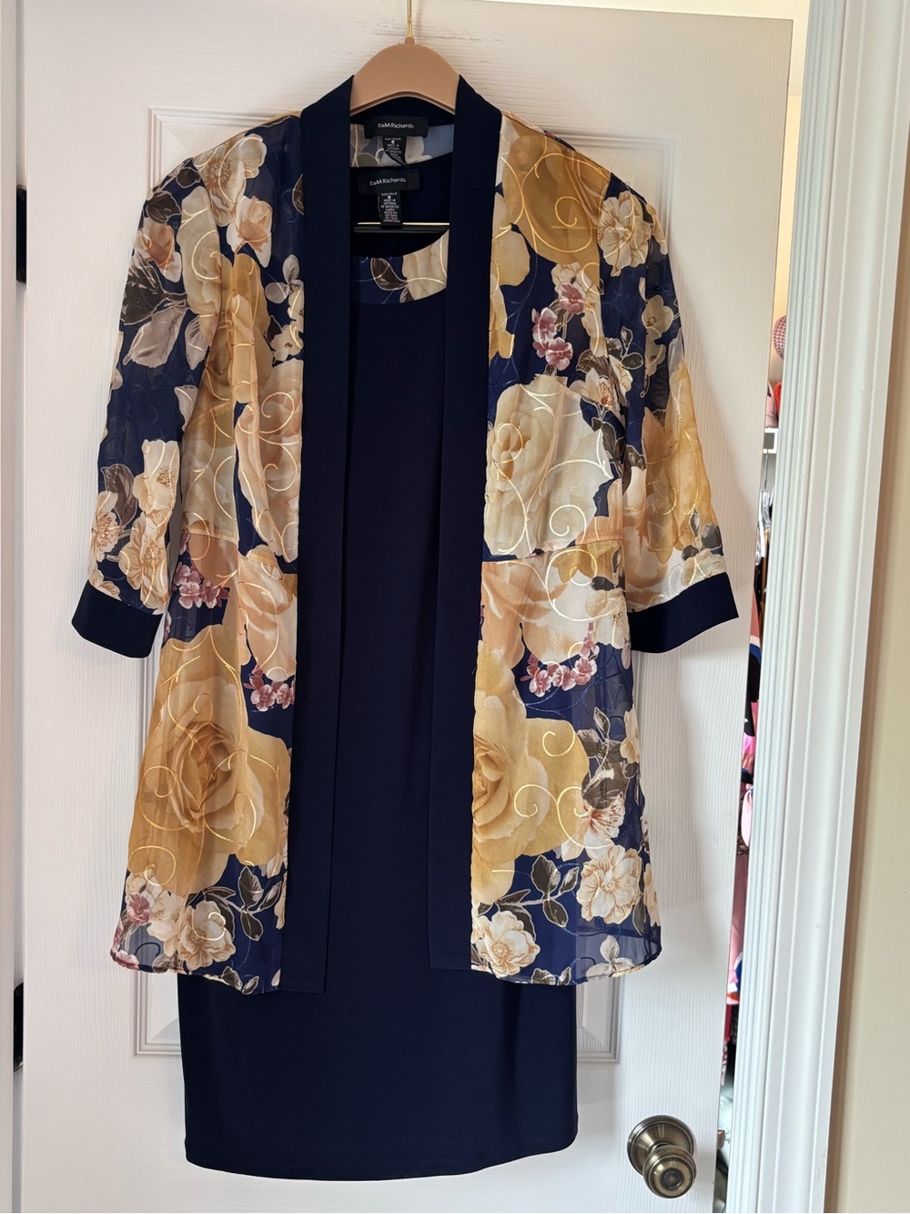 R&M Richards 2 Piece Navy Dress with Gold Floral Lining